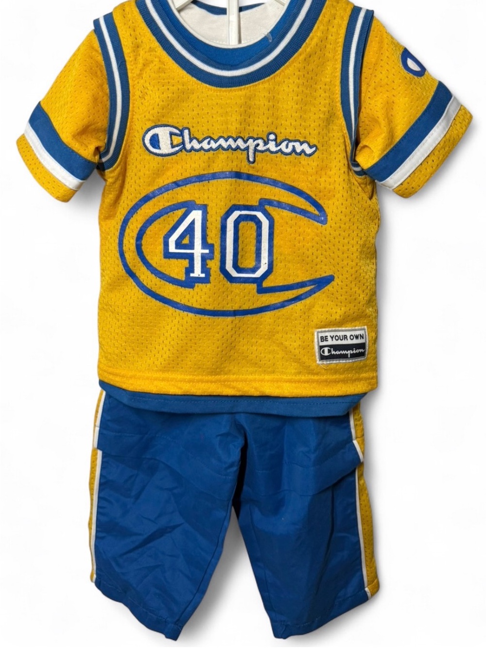 NWT 3-Pc Y2K Baby Champion Basketball Set Yellow Blue Jersey Tee Track Pants 18M